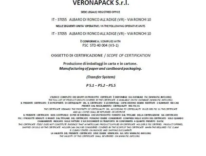 Certificato FSC - Veronapack Srl , separatori in cartone 